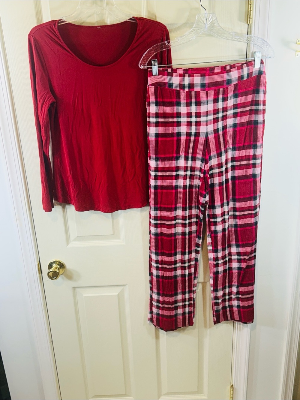 Soma Red Long-Sleeve Top with Red, White and Black Plaid Pajama Pants